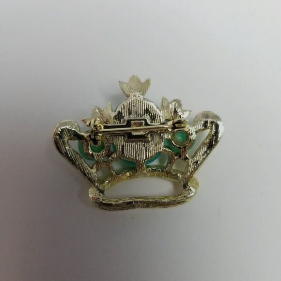 Vintage Crown Shape Rhinestone Brooch, Blue Cabochon Center, Retro Estate - Picture 5 of 7